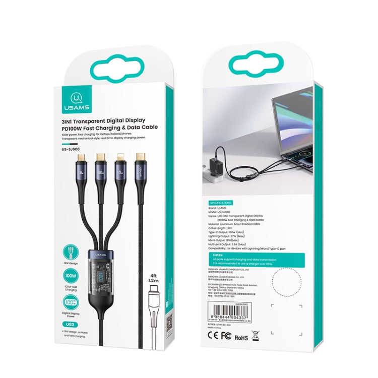 USAMS US-SJ600 U83 PD100W 3 in 1 Aluminum Alloy Transparent Digital Display Fast Charging Cable,Cable Length: 1.2m(Black) - Multifunction Cable by USAMS | Online Shopping South Africa | PMC Jewellery | Buy Now Pay Later Mobicred