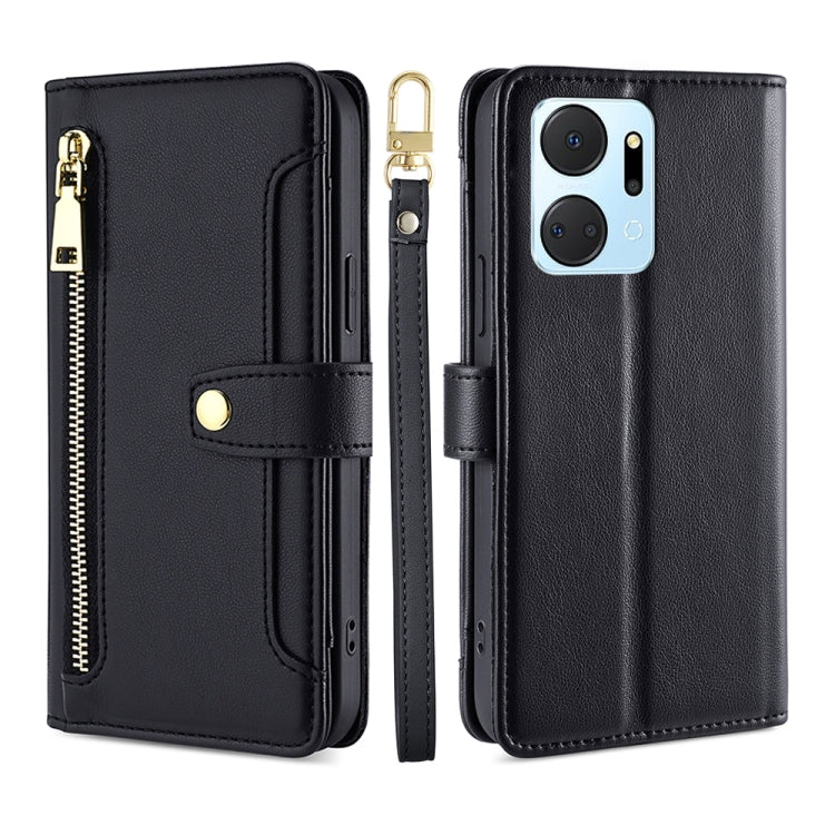 For Honor X7A Sheep Texture Cross-body Zipper Wallet Leather Phone Case(Black) - Honor Cases by PMC TechLife | Online Shopping South Africa | PMC TechLife | Buy Now Pay Later Mobicred
