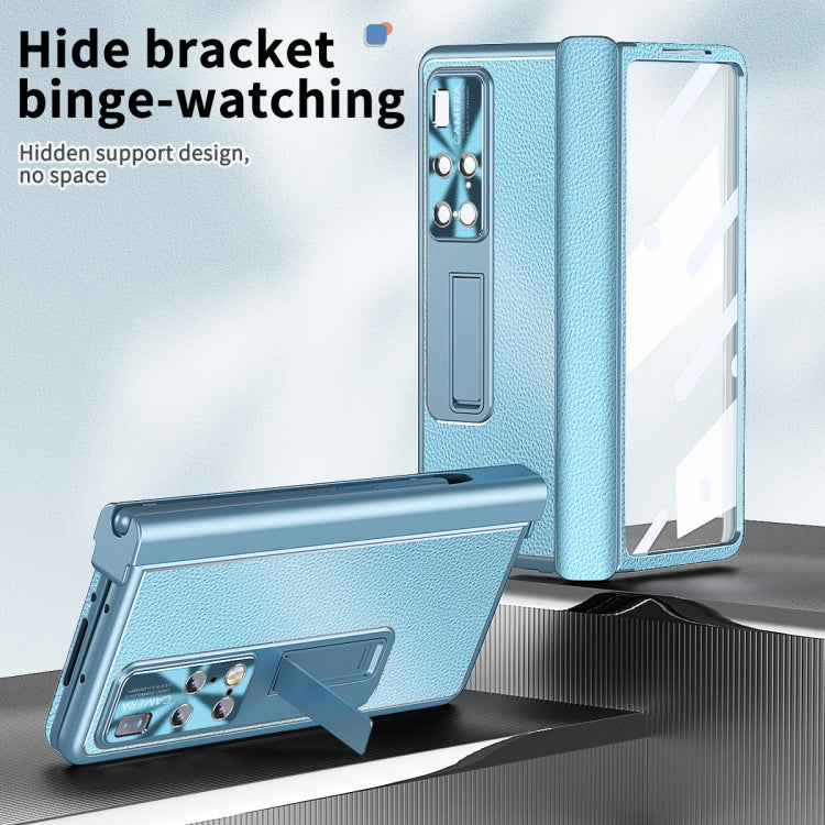 For Huawei Mate X2 Litchi Pattern Magnetic Shell Film Integrated Shockproof Phone Case(Far Peak Blue) - Huawei Cases by PMC TechLife | Online Shopping South Africa | PMC TechLife | Buy Now Pay Later Mobicred