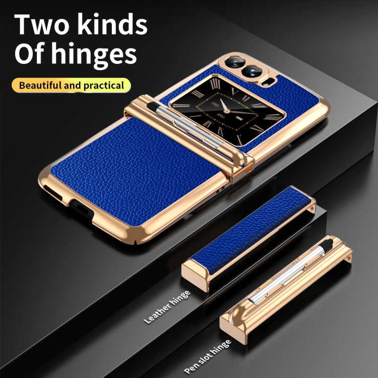 For Motorola Razr 2022 Foldable Electroplated Plain Leather Phone Case with Stylus(Blue) - Motorola Cases by PMC TechLife | Online Shopping South Africa | PMC TechLife | Buy Now Pay Later Mobicred