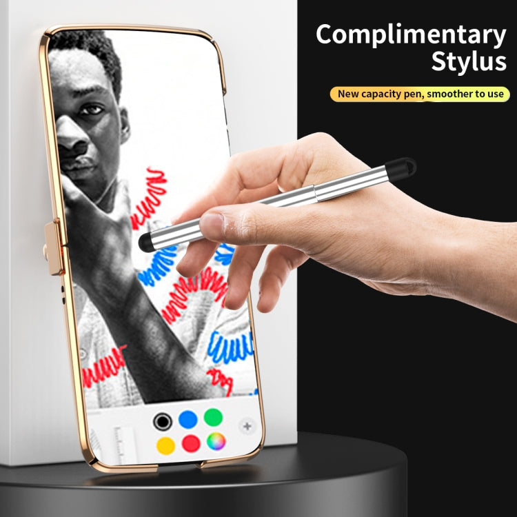 For Motorola Razr 2022 Foldable Electroplated Plain Leather Phone Case with Stylus(Blue) - Motorola Cases by PMC TechLife | Online Shopping South Africa | PMC TechLife | Buy Now Pay Later Mobicred