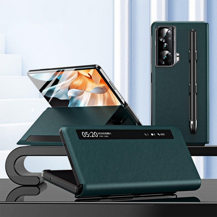 For Honor Magic Vs Side Window View Smart Lychee Texture Leather Phone Case with Pen Slot(Green) - Honor Cases by PMC TechLife | Online Shopping South Africa | PMC TechLife | Buy Now Pay Later Mobicred