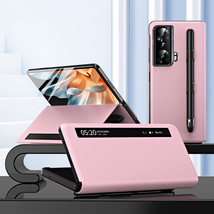 For Honor Magic Vs Side Window View Smart Lychee Texture Leather Phone Case with Pen Slot(Pink) - Honor Cases by PMC TechLife | Online Shopping South Africa | PMC TechLife | Buy Now Pay Later Mobicred