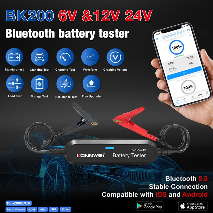 KONNWEI BK200 6V/12V/24V Car Bluetooth Battery Tester(Black) - free shipping - PMC TechLife - Order now!
