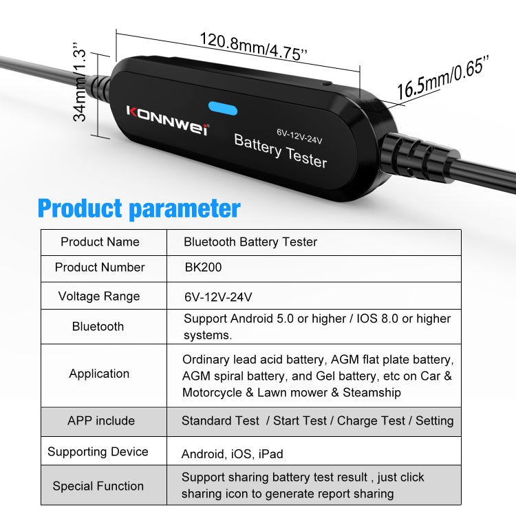 KONNWEI BK200 6V/12V/24V Car Bluetooth Battery Tester(Black) - Electronic Test by KONNWEI | Online Shopping South Africa | PMC Jewellery | Buy Now Pay Later Mobicred