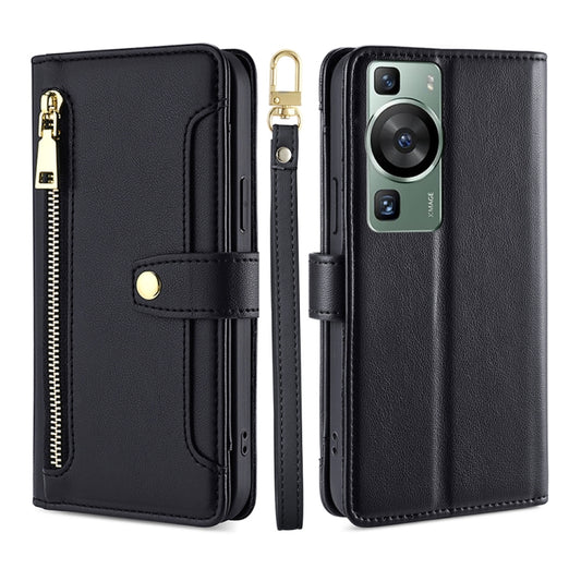 For Huawei P60 / P60 Pro Sheep Texture Cross-body Zipper Wallet Leather Phone Case(Black) - Huawei Cases by PMC Jewellery | Online Shopping South Africa | PMC Jewellery | Buy Now Pay Later Mobicred