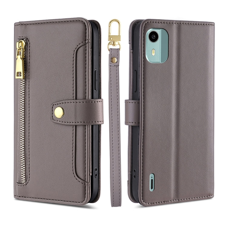 For Nokia C12 Sheep Texture Cross-body Zipper Wallet Leather Phone Case(Grey) - Nokia Cases by PMC TechLife | Online Shopping South Africa | PMC TechLife | Buy Now Pay Later Mobicred