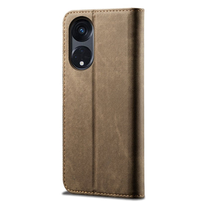For OPPO A98 5G Denim Texture Casual Style Horizontal Flip Leather Case(Khaki) - OPPO Cases by PMC Jewellery | Online Shopping South Africa | PMC Jewellery