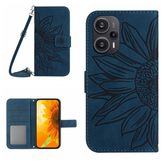 For Xiaomi Poco F5 Skin Feel Sun Flower Embossed Flip Leather Phone Case with Lanyard(Inky Blue) - Xiaomi Cases by PMC Jewellery | Online Shopping South Africa | PMC Jewellery | Buy Now Pay Later Mobicred