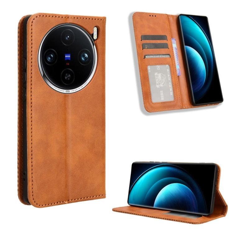 For vivo X100 Pro 5G Magnetic Buckle Retro Texture Leather Phone Case(Brown) - X100 Pro Cases by PMC Jewellery | Online Shopping South Africa | PMC Jewellery | Buy Now Pay Later Mobicred