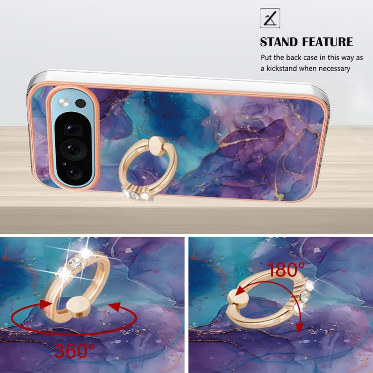 For Google Pixel 9 Pro XL Electroplating Marble Dual-side IMD Phone Case with Ring(Purple 016) - Google Cases by PMC Jewellery | Online Shopping South Africa | PMC Jewellery | Buy Now Pay Later Mobicred