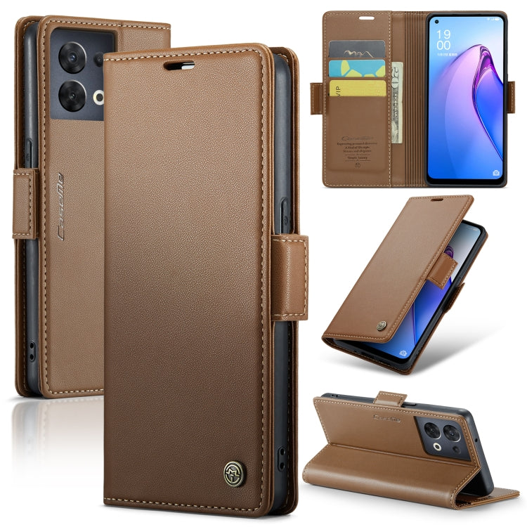 For OPPO Reno8 5G Global CaseMe 023 Butterfly Buckle Litchi Texture RFID Anti-theft Leather Phone Case(Brown) - OPPO Cases by CaseMe | Online Shopping South Africa | PMC Jewellery | Buy Now Pay Later Mobicred