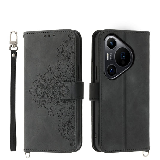 For Huawei Pura 70 Pro / Pura 70 Pro+ Skin-feel Flowers Embossed Wallet Leather Phone Case(Black) - Huawei Cases by PMC Jewellery | Online Shopping South Africa | PMC Jewellery | Buy Now Pay Later Mobicred