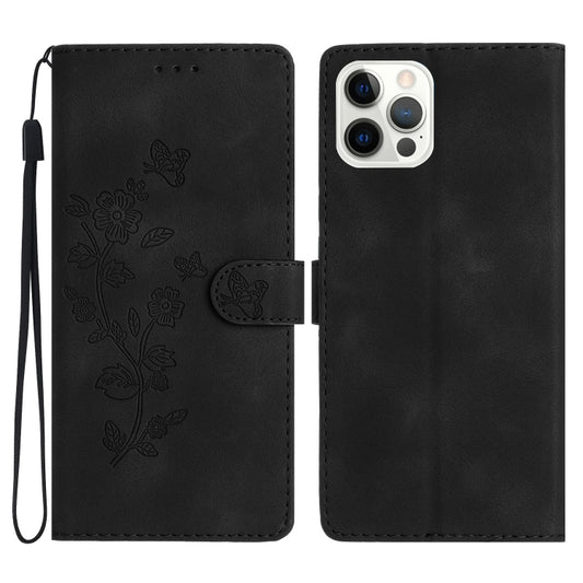 For iPhone 16 Pro Flower Butterfly Embossing Pattern Leather Phone Case(Black) - iPhone 16 Pro Cases by PMC Jewellery | Online Shopping South Africa | PMC Jewellery | Buy Now Pay Later Mobicred