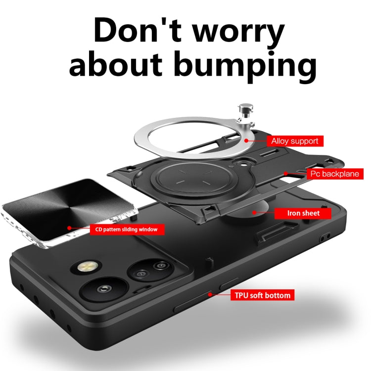 For Xiaomi Redmi 13C 4G CD Texture Sliding Camshield Magnetic Holder Phone Case(Black) - 13C Cases by PMC TechLife | Online Shopping South Africa | PMC TechLife | Buy Now Pay Later Mobicred