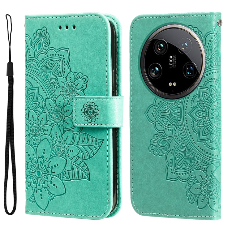 For Xiaomi 14 Ultra 7-petal Flowers Embossing Leather Phone Case(Green) - 14 Ultra Cases by PMC Jewellery | Online Shopping South Africa | PMC Jewellery | Buy Now Pay Later Mobicred