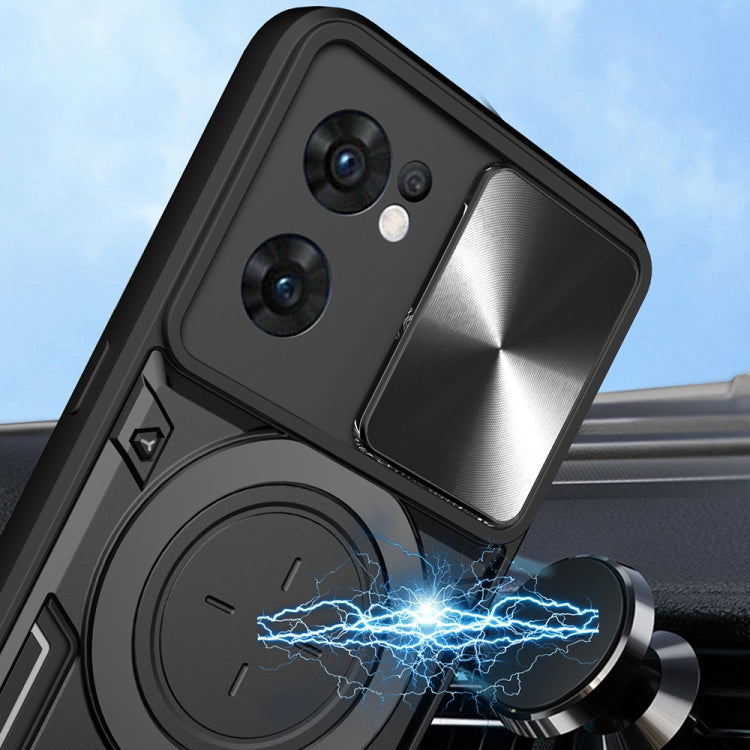 For OPPO Reno7 5G CD Texture Sliding Camshield Magnetic Holder Phone Case(Black) - free shipping - PMC TechLife - Order now!
