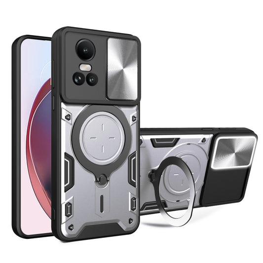 For OPPO Reno10 5G Global CD Texture Sliding Camshield Magnetic Holder Phone Case(Silver) - OPPO Cases by PMC Jewellery | Online Shopping South Africa | PMC Jewellery | Buy Now Pay Later Mobicred