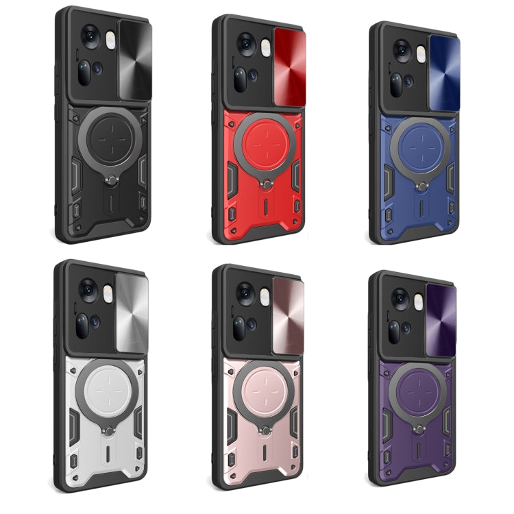 For OPPO Reno11 5G Global CD Texture Sliding Camshield Magnetic Holder Phone Case(Silver) - Reno11 Cases by PMC TechLife | Online Shopping South Africa | PMC TechLife | Buy Now Pay Later Mobicred