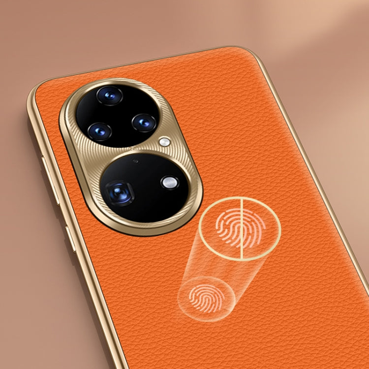 For Huawei Mate 60 Litchi Texture Genuine Leather Phone Case(Orange) - Huawei Cases by PMC TechLife | Online Shopping South Africa | PMC TechLife | Buy Now Pay Later Mobicred