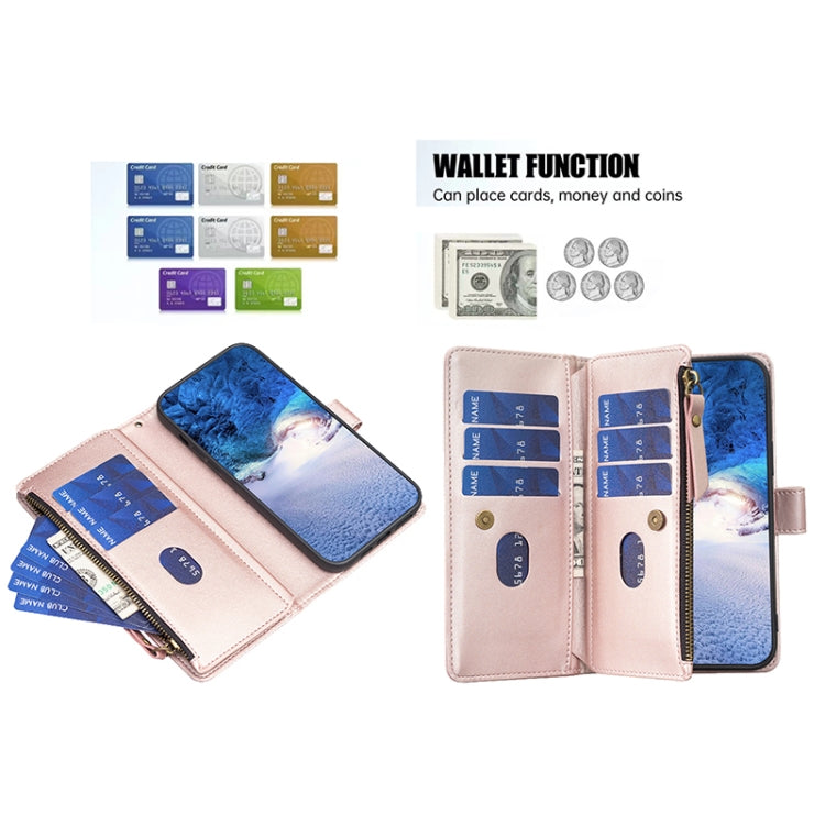 For Google Pixel 7a 9 Card Slots Zipper Wallet Leather Flip Phone Case(Rose Gold) - Google Cases by PMC Jewellery | Online Shopping South Africa | PMC Jewellery | Buy Now Pay Later Mobicred