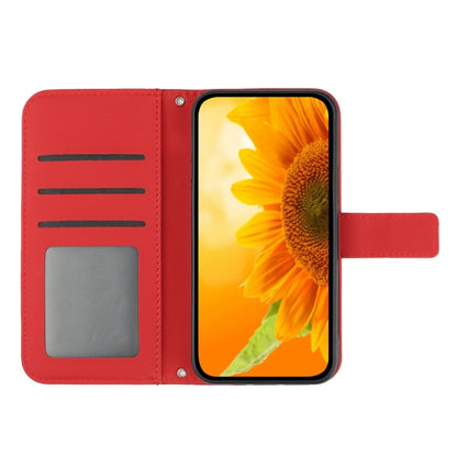 For iPhone 16 Plus Skin Feel Sun Flower Embossed Flip Leather Phone Case with Lanyard(Red) - iPhone 16 Plus Cases by PMC Jewellery | Online Shopping South Africa | PMC Jewellery | Buy Now Pay Later Mobicred