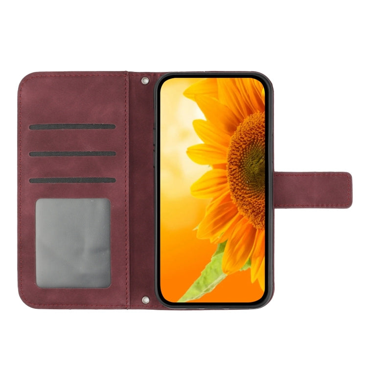 For iPhone 16 Skin Feel Sun Flower Embossed Flip Leather Phone Case with Lanyard(Wine Red) - iPhone 16 Cases by PMC Jewellery | Online Shopping South Africa | PMC Jewellery | Buy Now Pay Later Mobicred