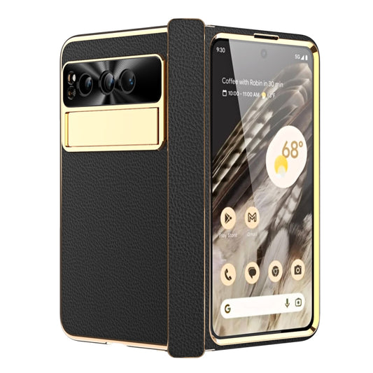 For Google Pixel Fold Litchi Pattern Electroplating Folding Phone Case with Hinge(Black) - Google Cases by PMC Jewellery | Online Shopping South Africa | PMC Jewellery | Buy Now Pay Later Mobicred