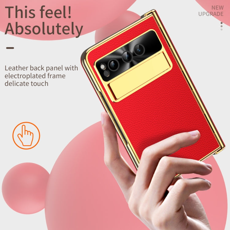 For Google Pixel Fold Litchi Pattern Electroplating Folding Phone Case with Hinge(Red) - Google Cases by PMC TechLife | Online Shopping South Africa | PMC TechLife | Buy Now Pay Later Mobicred