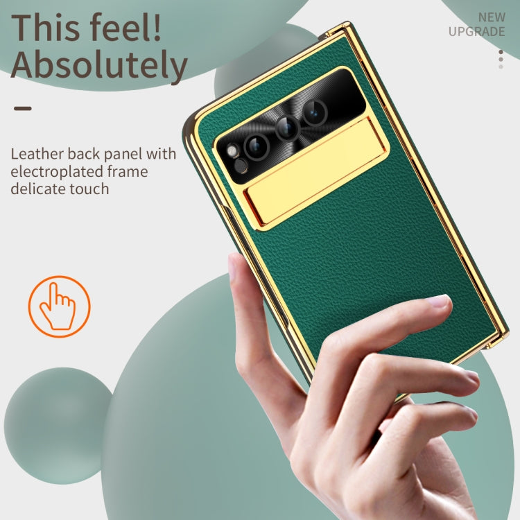 For Google Pixel Fold Litchi Pattern Electroplating Folding Phone Case with Hinge(Green) - Google Cases by PMC TechLife | Online Shopping South Africa | PMC TechLife | Buy Now Pay Later Mobicred