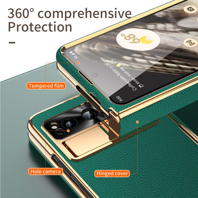 For Google Pixel Fold Litchi Pattern Electroplating Folding Phone Case with Hinge(Green) - Google Cases by PMC TechLife | Online Shopping South Africa | PMC TechLife | Buy Now Pay Later Mobicred