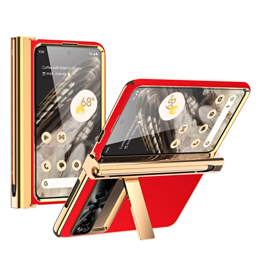 For Google Pixel Fold Litchi Pattern Electroplating Pen Slot Double Hinge Folding Phone Case with Stylus(Red) - Google Cases by PMC Jewellery | Online Shopping South Africa | PMC Jewellery | Buy Now Pay Later Mobicred