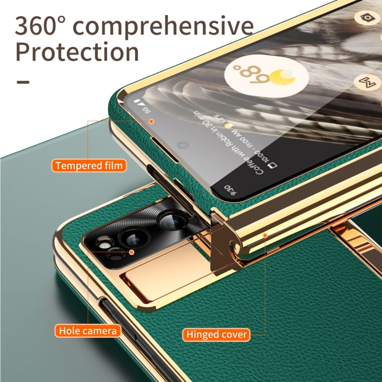 For Google Pixel Fold Litchi Pattern Electroplating Pen Slot Double Hinge Folding Phone Case with Stylus(Green) - Google Cases by PMC TechLife | Online Shopping South Africa | PMC TechLife | Buy Now Pay Later Mobicred