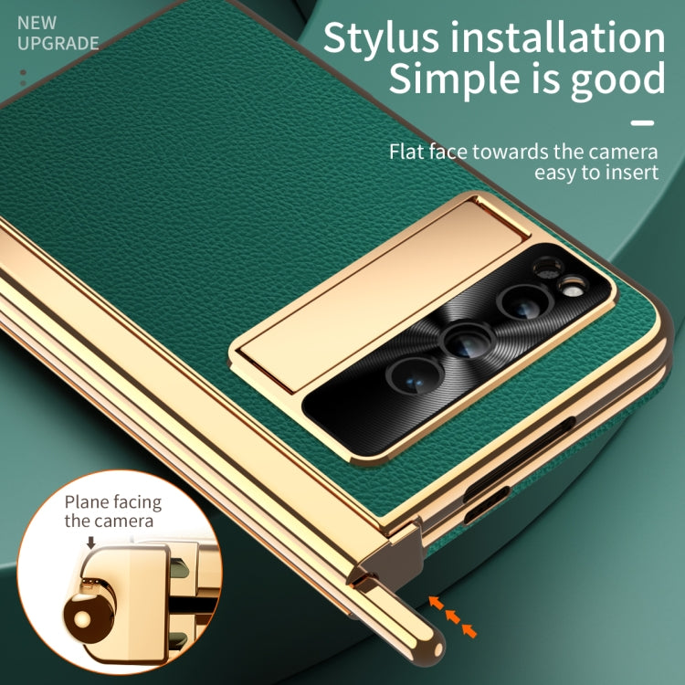 For Google Pixel Fold Litchi Pattern Electroplating Pen Slot Double Hinge Folding Phone Case with Stylus(Green) - Google Cases by PMC TechLife | Online Shopping South Africa | PMC TechLife | Buy Now Pay Later Mobicred