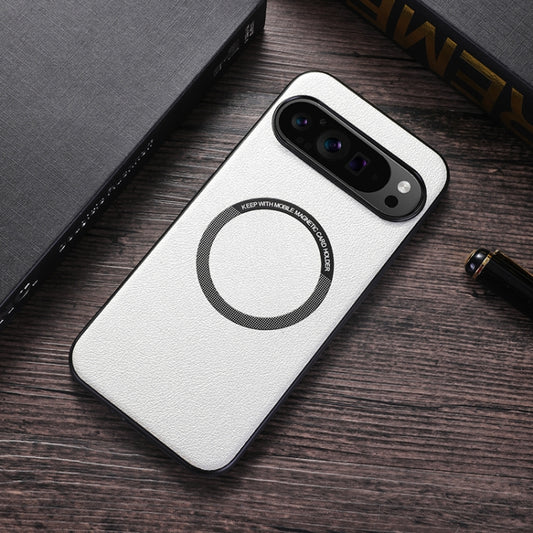 For Google Pixel 9 Magsafe Magnetic Ring Leather Texture Phone Case(White) - Google Cases by PMC Jewellery | Online Shopping South Africa | PMC Jewellery | Buy Now Pay Later Mobicred