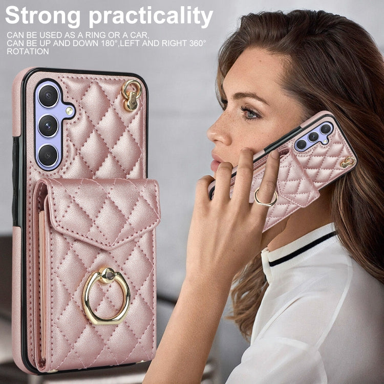 For Samsung Galaxy A54 5G Rhombic Texture Card Bag Phone Case with Long Lanyard(Rose Gold) - Galaxy Phone Cases by PMC Jewellery | Online Shopping South Africa | PMC Jewellery