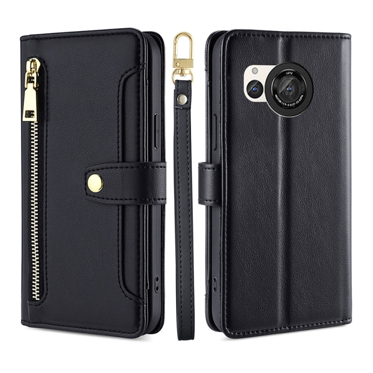 For Sharp Aquos R8 SH-52D Sheep Texture Cross-body Zipper Wallet Leather Phone Case(Black) - More Brand by PMC TechLife | Online Shopping South Africa | PMC TechLife | Buy Now Pay Later Mobicred