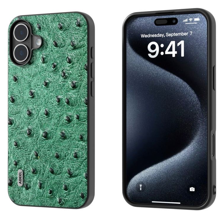 For iPhone 16 Plus ABEEL Genuine Leather Ostrich Texture Phone Case(Green) - iPhone 16 Plus Cases by PMC Jewellery | Online Shopping South Africa | PMC Jewellery | Buy Now Pay Later Mobicred