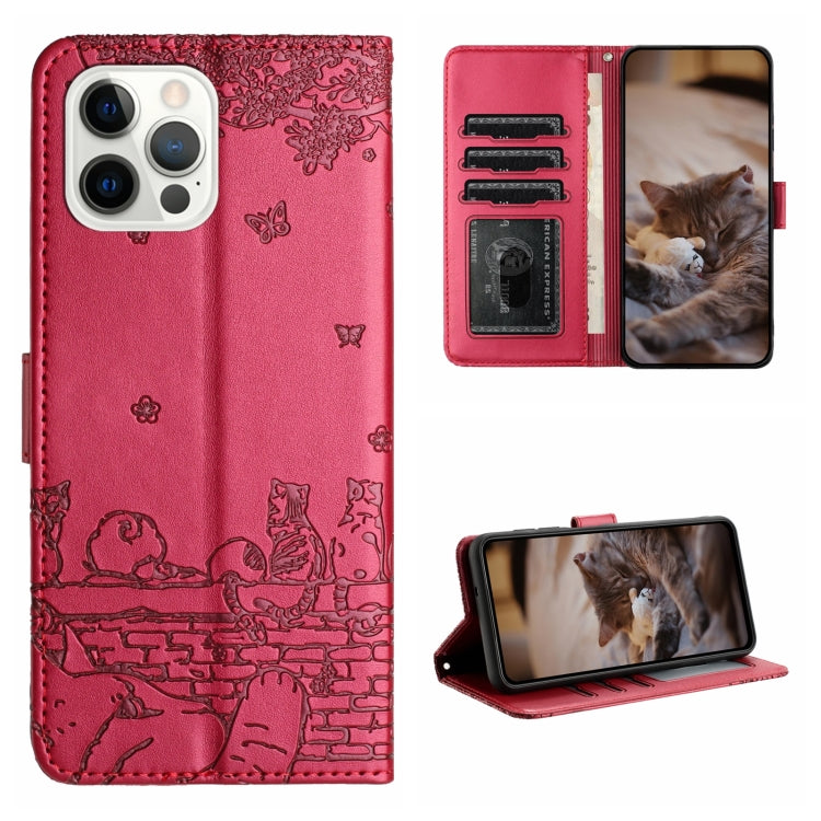 For iPhone 16 Pro Cat Embossing Pattern Leather Phone Case with Lanyard(Red) - free shipping - PMC TechLife - Order now!