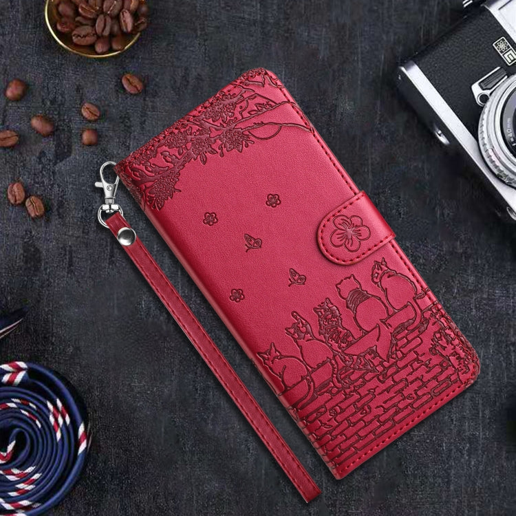 For iPhone 16 Cat Embossing Pattern Leather Phone Case with Lanyard(Red) - iPhone 16 Cases by PMC Jewellery | Online Shopping South Africa | PMC Jewellery | Buy Now Pay Later Mobicred