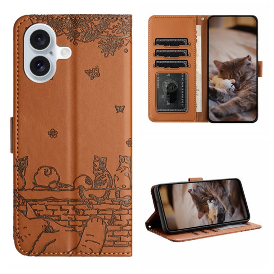 For iPhone 16 Cat Embossing Pattern Leather Phone Case with Lanyard(Brown) - iPhone 16 Cases by PMC Jewellery | Online Shopping South Africa | PMC Jewellery | Buy Now Pay Later Mobicred