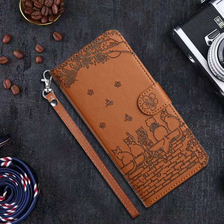 For iPhone 16 Cat Embossing Pattern Leather Phone Case with Lanyard(Brown) - iPhone 16 Cases by PMC TechLife | Online Shopping South Africa | PMC TechLife | Buy Now Pay Later Mobicred