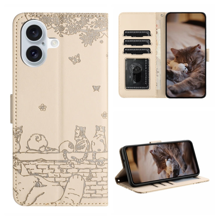 For iPhone 16 Cat Embossing Pattern Leather Phone Case with Lanyard(Beige) - iPhone 16 Cases by PMC TechLife | Online Shopping South Africa | PMC TechLife | Buy Now Pay Later Mobicred