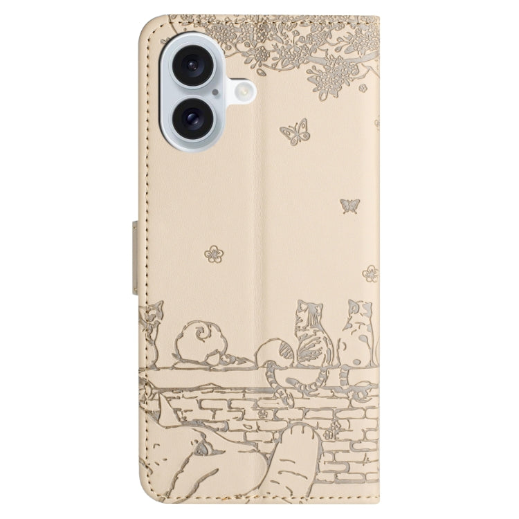 For iPhone 16 Cat Embossing Pattern Leather Phone Case with Lanyard(Beige) - iPhone 16 Cases by PMC TechLife | Online Shopping South Africa | PMC TechLife | Buy Now Pay Later Mobicred