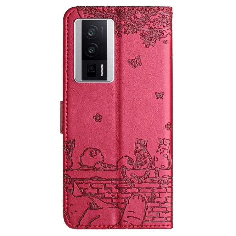 For Xiaomi Poco F5 Pro Cat Embossing Pattern Leather Phone Case with Lanyard(Red) - Xiaomi Cases by PMC Jewellery | Online Shopping South Africa | PMC Jewellery | Buy Now Pay Later Mobicred