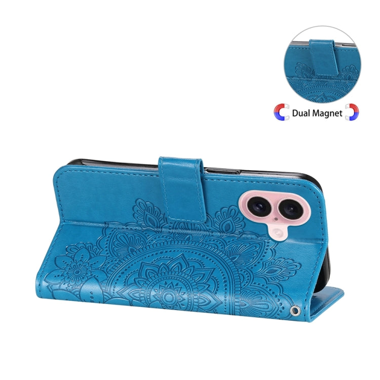 For iPhone 16 7-petal Flowers Embossing Leather Phone Case(Blue) - iPhone 16 Cases by PMC Jewellery | Online Shopping South Africa | PMC Jewellery | Buy Now Pay Later Mobicred