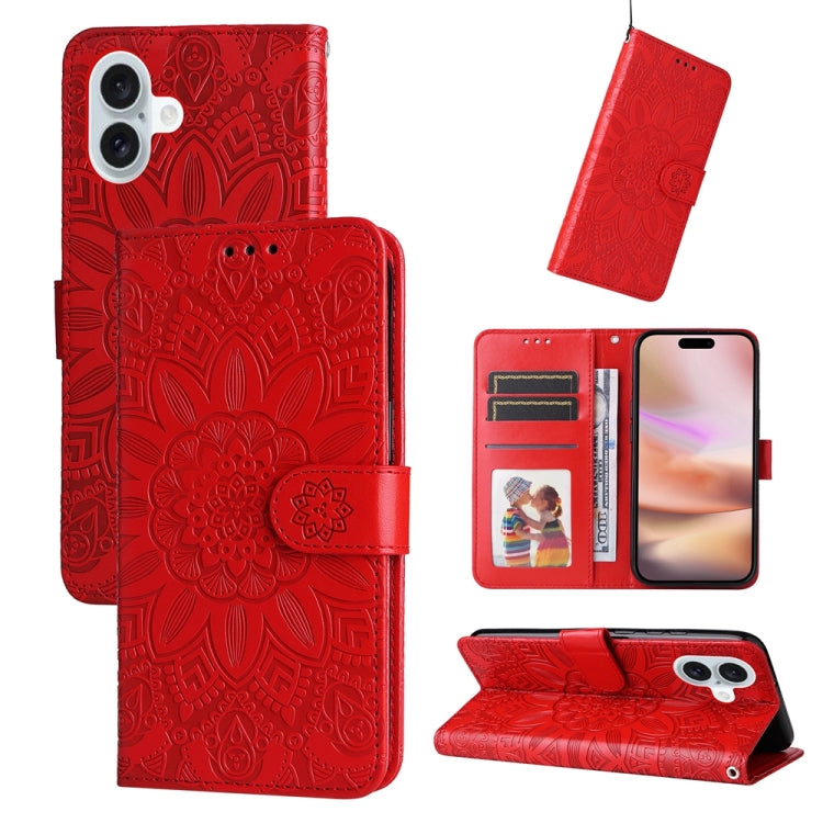 For iPhone 16 Plus Embossed Sunflower Leather Phone Case(Red) - iPhone 16 Plus Cases by PMC Jewellery | Online Shopping South Africa | PMC Jewellery | Buy Now Pay Later Mobicred