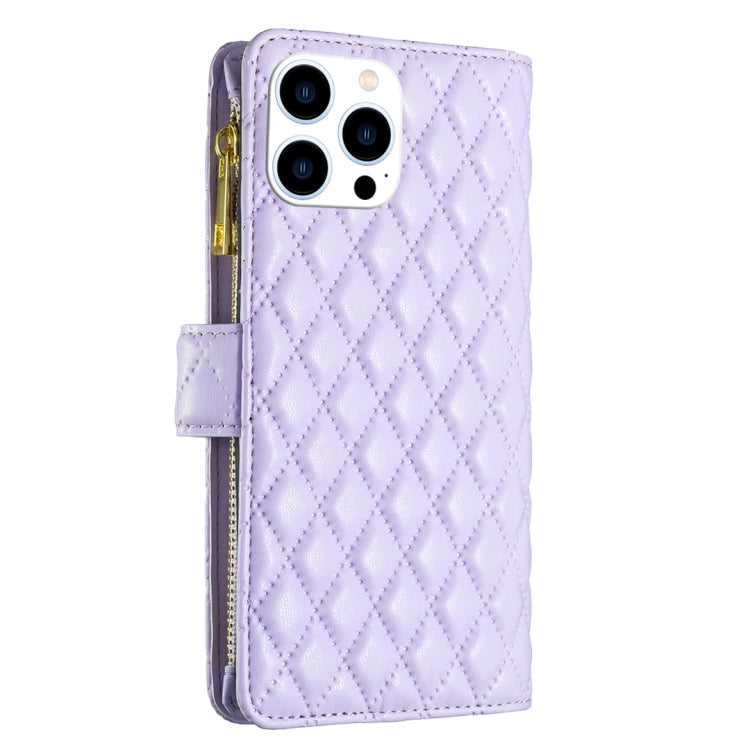 For iPhone 16 Pro Diamond Lattice Zipper Wallet Leather Flip Phone Case(Purple) - iPhone 16 Pro Cases by PMC Jewellery | Online Shopping South Africa | PMC Jewellery | Buy Now Pay Later Mobicred