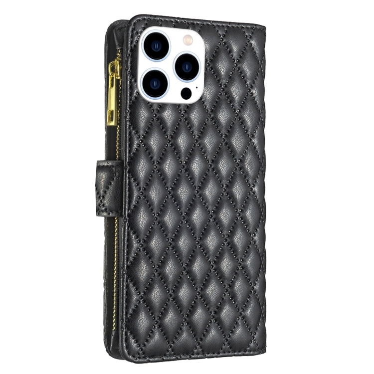 For iPhone 16 Pro Diamond Lattice Zipper Wallet Leather Flip Phone Case(Black) - iPhone 16 Pro Cases by PMC Jewellery | Online Shopping South Africa | PMC Jewellery | Buy Now Pay Later Mobicred