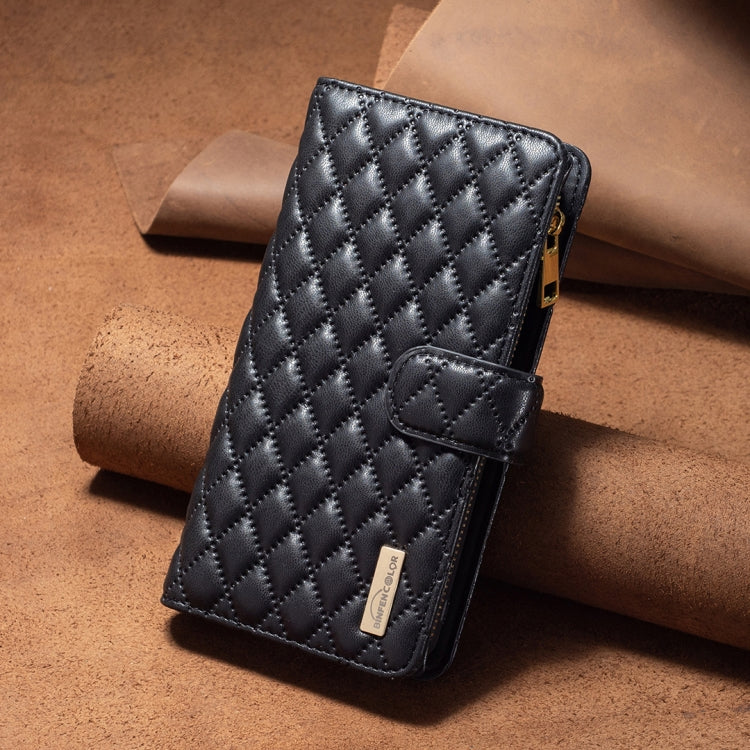 For iPhone 16 Diamond Lattice Zipper Wallet Leather Flip Phone Case(Black) - iPhone 16 Cases by PMC Jewellery | Online Shopping South Africa | PMC Jewellery | Buy Now Pay Later Mobicred
